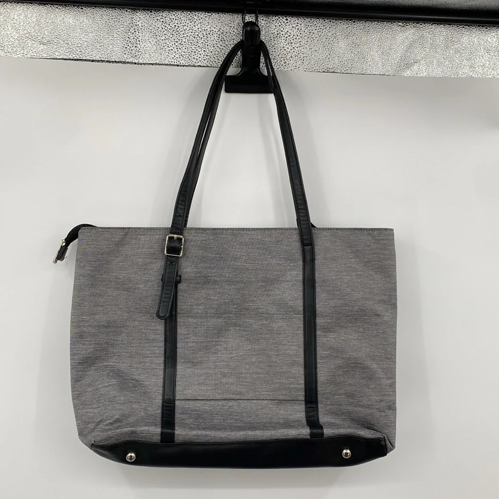 REIAVEL Gray Tote Bag Laptop Grey Canvas Black Leather USB Plug‎ Office Purse